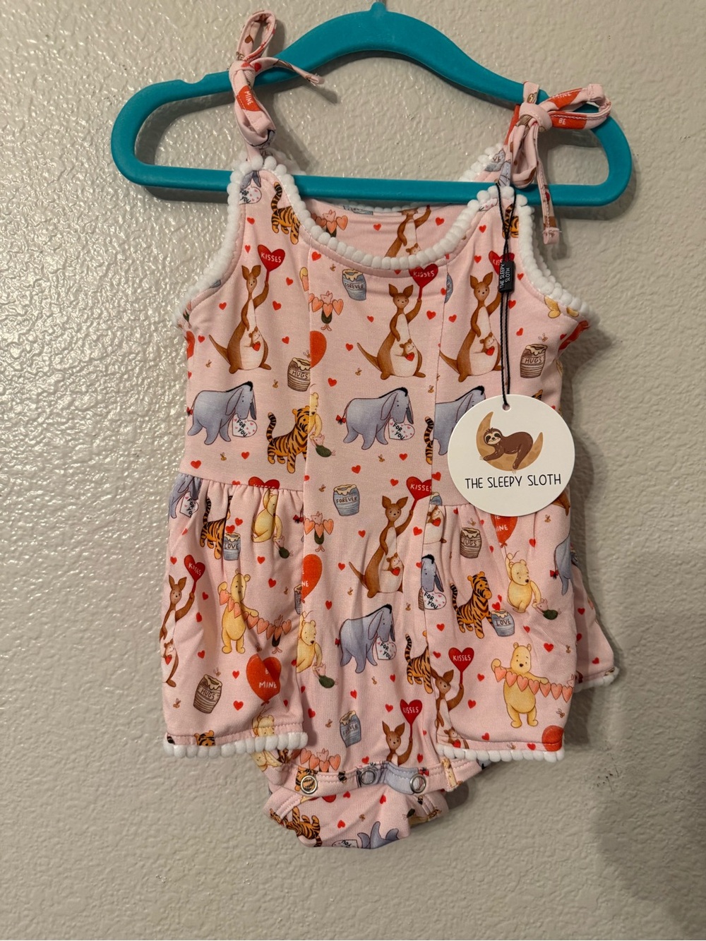 The Sleepy Sloth Pink Winnie-Themed Tie-Shoulder Baby Dress
